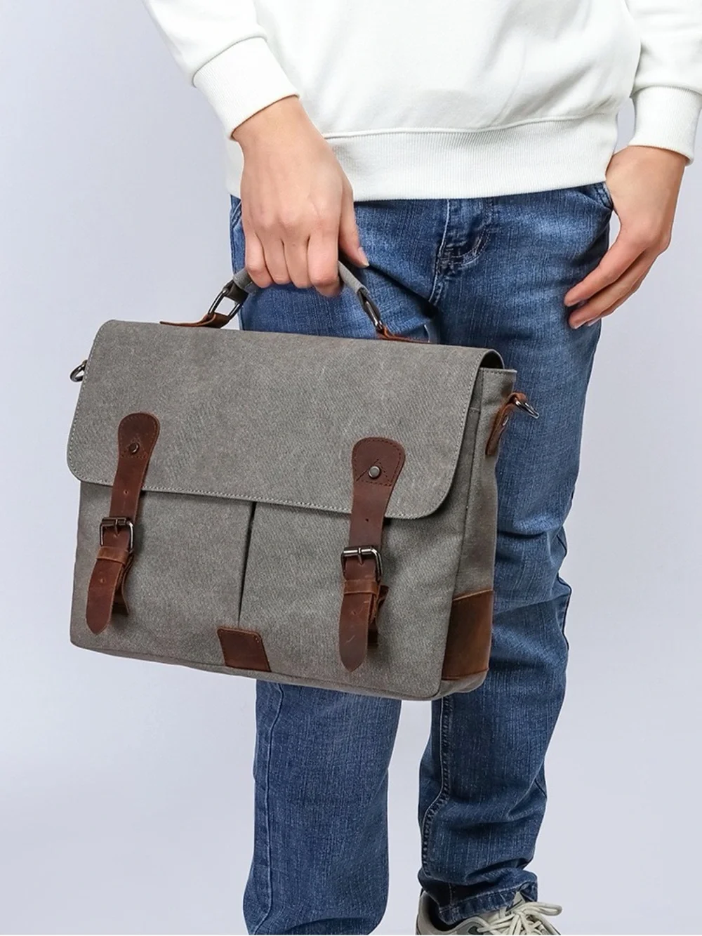 Men's Grey Canvas Briefcase with Brown Leather Trim